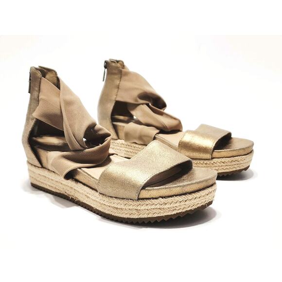 EILEEN FISHER Zoe Metallic Leather & Mesh Espadrille Platform Sandals 8.5 Shoes - Picture 2 of 7